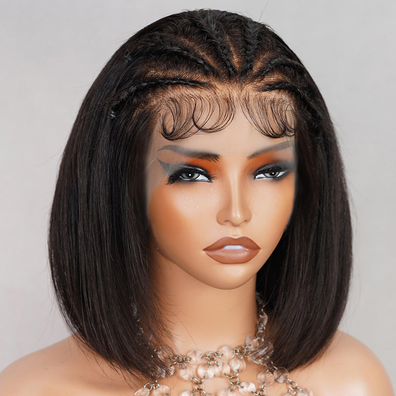 (Super Sale) Upgrade 13x4 Lace Frontal Bob Wigs With Bleached Knots Halo Braided Straight Human Hair