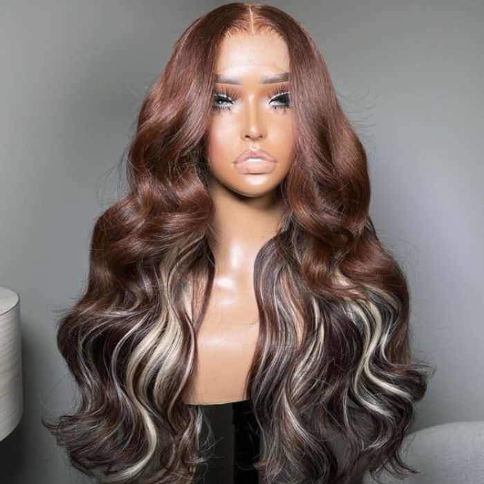 Perfectly Blend Multi-dimensional Highlights Color 13x4 HD Lace Frontal Face-framing Body Wave 100% Human Wig