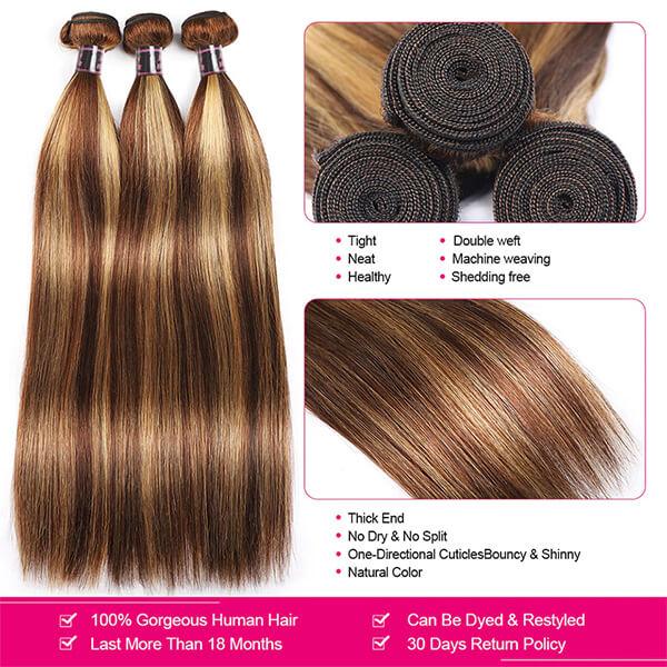 Highlight Bundles Brazilian Straight Human Hair Bundles Ombre Brown Straight Hair Bundles 3 Bundles Remy Human Hair Extensions