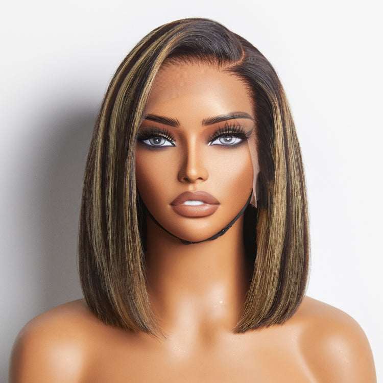 (Super Deal)12'' Balayage Colored Short Cut Bob Highlight 13x4 Lace Fontal Glueless Straight Wig