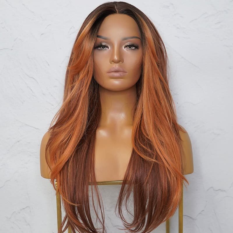 Megalook 6x5 Lace Closure Red Brown Auburn Color with Black Roots Straight Wigs  Wear Go Wigs