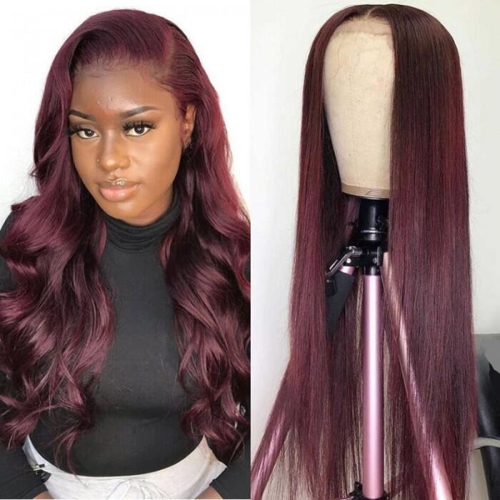 (Super Sale) Dark Purple Plum Colored 13x4 Lace Silky Straight/Body Wave Wig