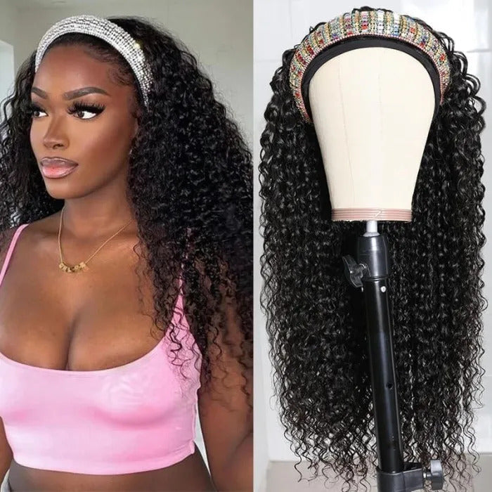 (Super Deal)18-22 inch Headband Wig Non-Lace Glueless Jerry Curly Natural Black Human Hair Wig