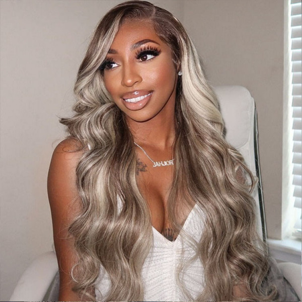 Megalook Hottest Long Highlight #P18/613 Blonde Straight /Body Wave Human Hair Wigs Blonde Hair With Highlights