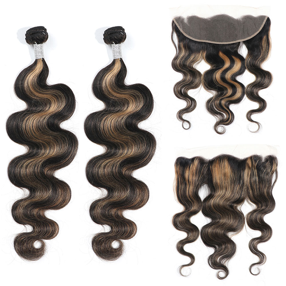 Highlight Balayage Colored 3/4Bundles With 13x4 Lace Frontal Closure Virgin Human Hair Body Wave