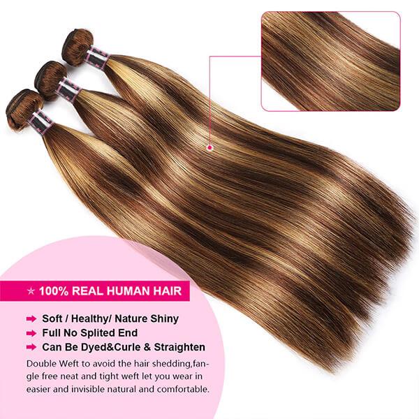 Highlight Bundles Brazilian Straight Human Hair Bundles Ombre Brown Straight Hair Bundles 3 Bundles Remy Human Hair Extensions