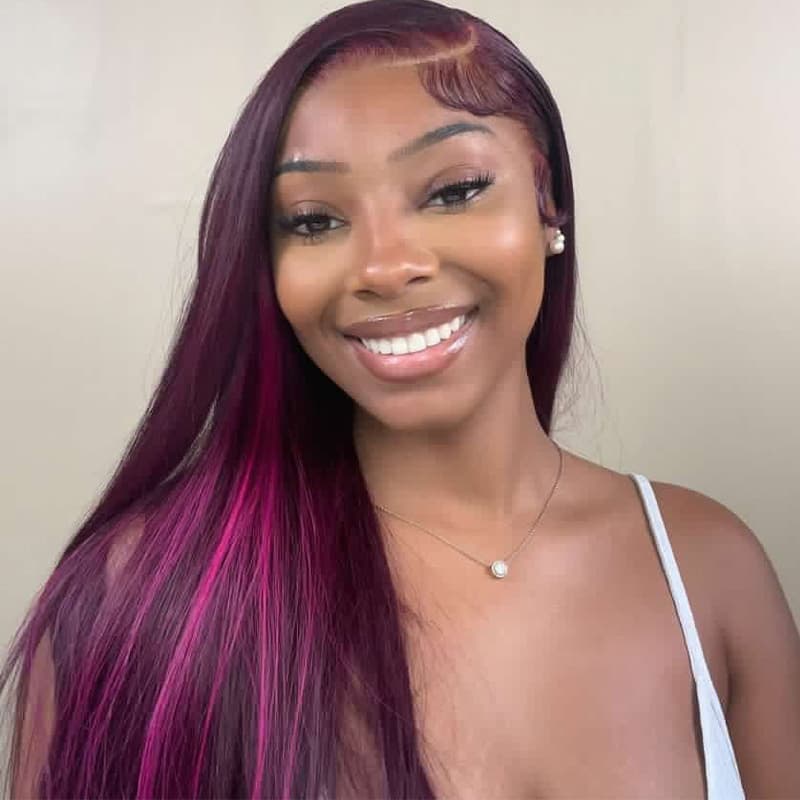 Megalook Bogo Free 13x4 Lace Front Side Part Highlight Money Piece Pink Purple Human Hair Wig HD Transparent Lace Straight Wig