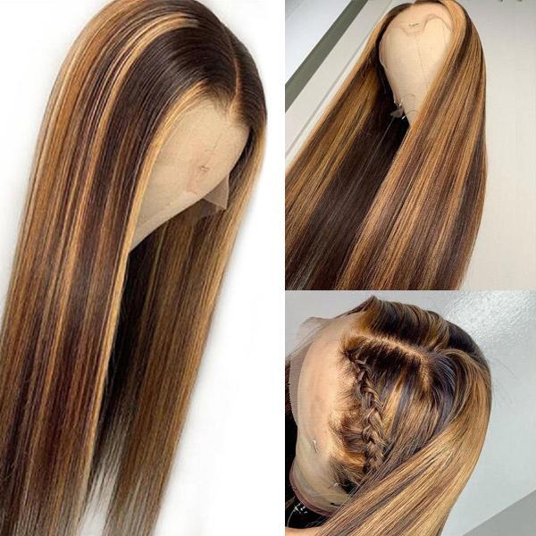 Megalook Piano Color 4/27 Wig Highlight Real Transparent 13x4 Lace Front Wig 180% Density Brazilian Straight Human Wig