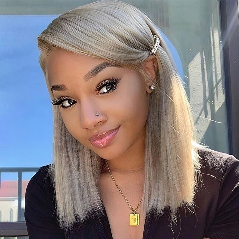 (Super Deal)Ashblonde Invisible Knots Short Bob Wig 13x4 Lace Front Wigs Blonde Wig With Brown Highlights Straight Bob