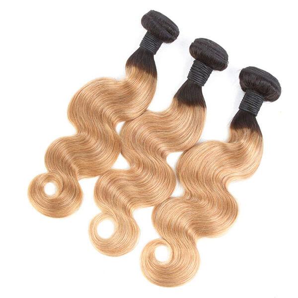 3 Bundles 1B/27 Color With Closure Ombre Straight Hair Weaves With Remy Human Hair Closure