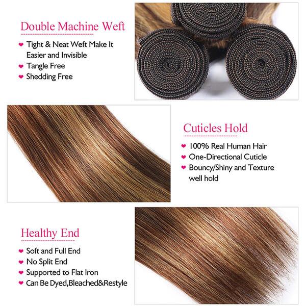 Highlight Bundles Brazilian Straight Human Hair Bundles Ombre Brown Straight Hair Bundles 3 Bundles Remy Human Hair Extensions