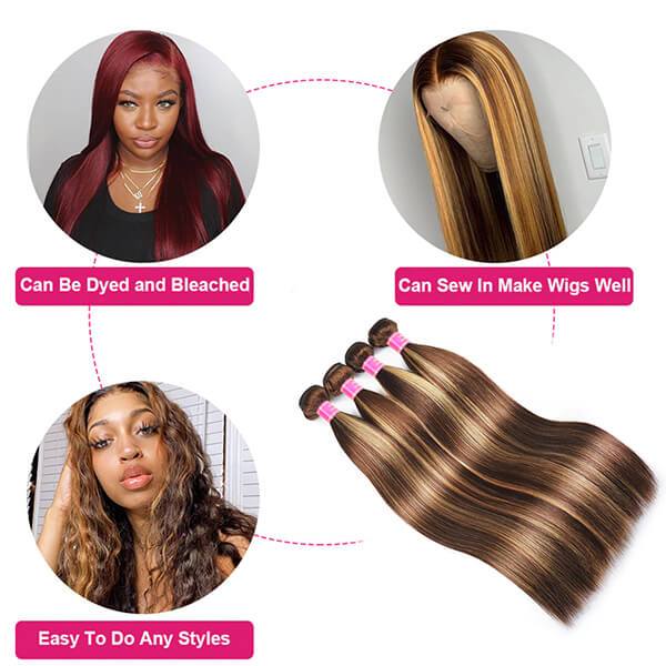 Highlight Bundles Brazilian Straight Human Hair Bundles Ombre Brown Straight Hair Bundles 3 Bundles Remy Human Hair Extensions