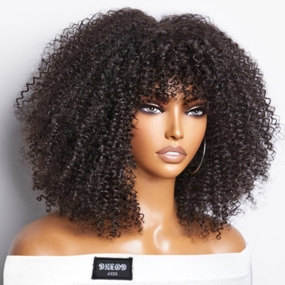 P4/27 Natural Color Curly Wig With Bangs NON-Lace Virgin Human Hair Wigs