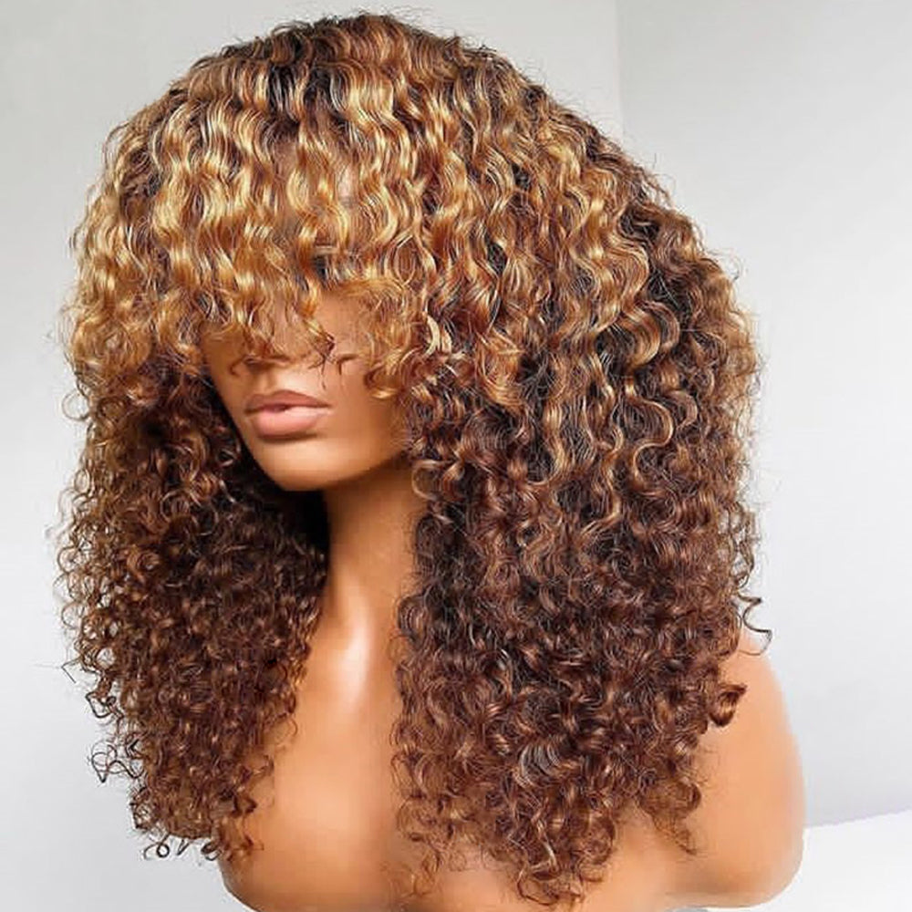 P4/27 Natural Color Curly Wig With Bangs NON-Lace Virgin Human Hair Wigs