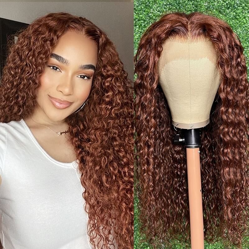 New #33 Red Brown Auburn Water Wave Human Hair Wig Hair Perfect Hair Color For Dark Skins 13x4 HD Lace Front Colored Wigs