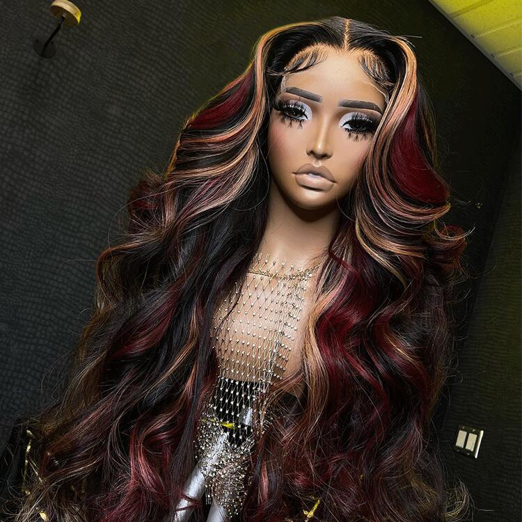 Megalook High Quality New Pop Highlights Wig 210% Density Burgundy Red And Auburn Mixed Highlights Glueless Wig