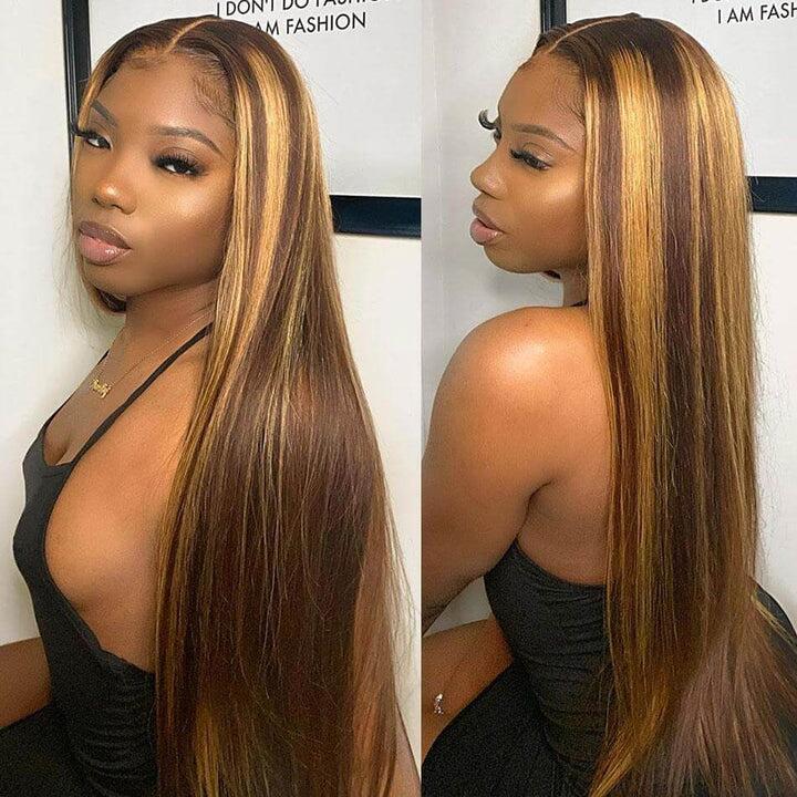 Megalook Buy One Get One Free $139.8 Get 18'' 4x4 Lace Closure Body wave Highlight P4/27 Color Wigs Plus 13x4 Lace Front Water Wave Bob