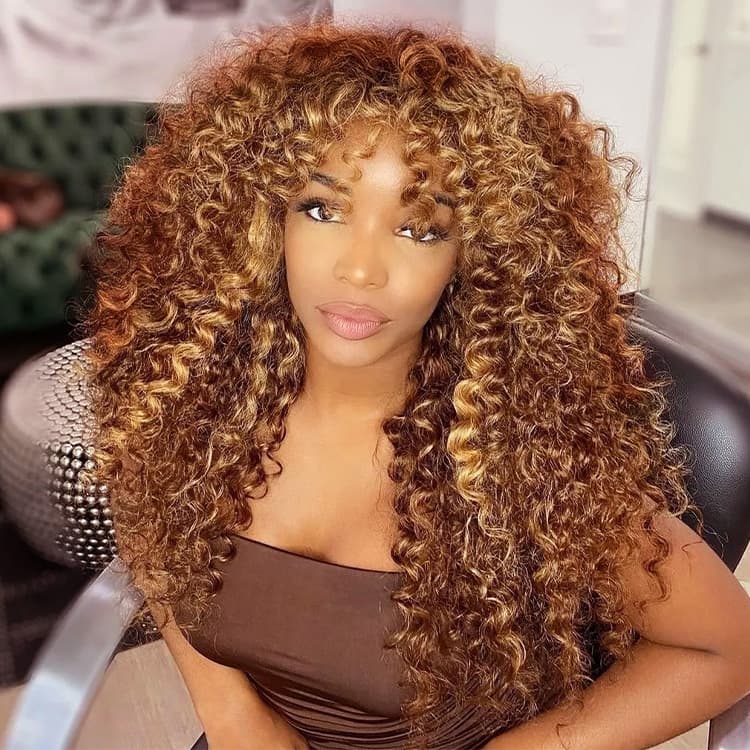 P4/27 Natural Color Curly Wig With Bangs NON-Lace Virgin Human Hair Wigs