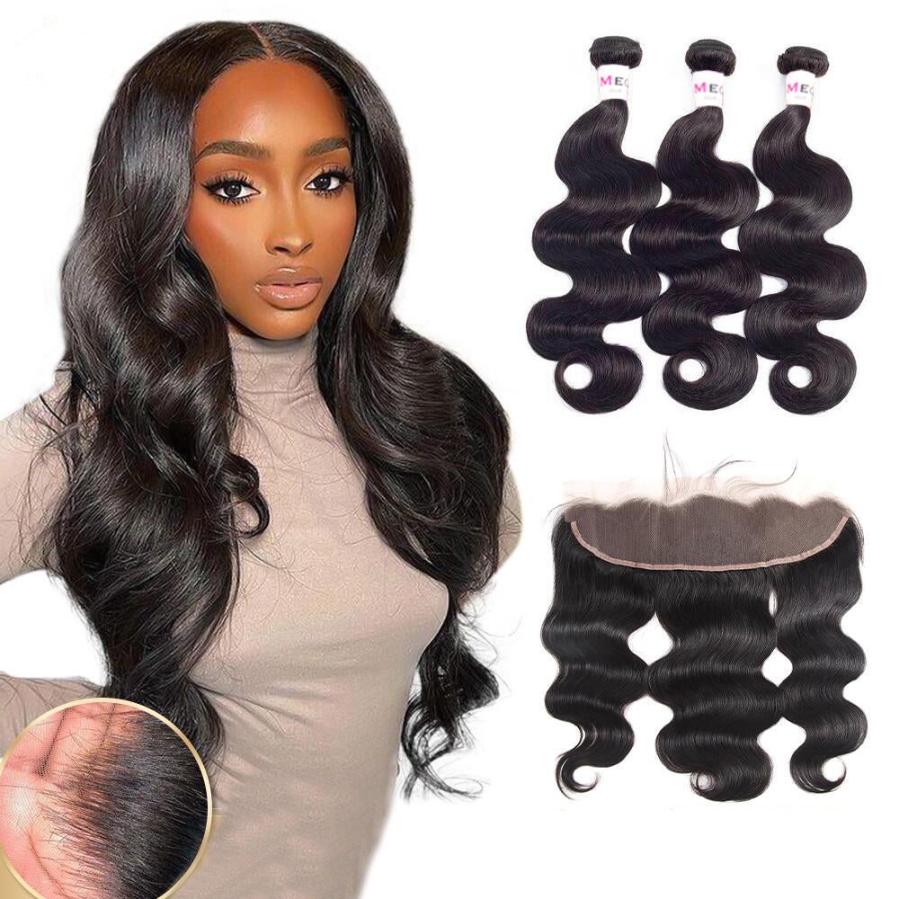 Megalook 10A Grade 3 Bundles Brazilian Body Wave Hair With 13*4 Ear to Ear Lace Frontal Closure