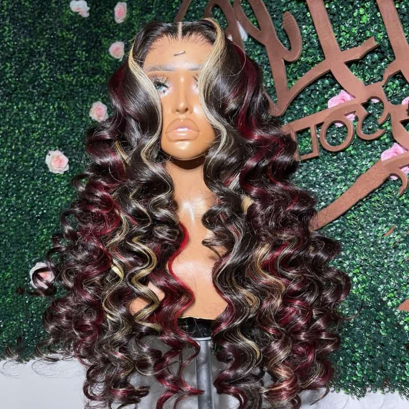 Megalook High Quality New Pop Highlights Wig 210% Density Burgundy Red And Auburn Mixed Highlights Glueless Wig