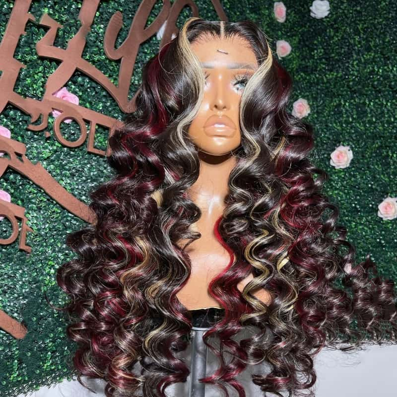 Megalook High Quality New Pop Highlights Wig 210% Density Burgundy Red And Auburn Mixed Highlights Glueless Wig