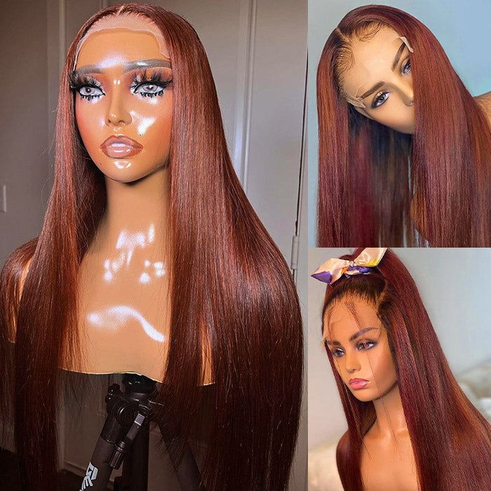 New #33 Red Brown Auburn Color Straight Human Hair Wig HD Lace 4X4/13X4 Lace Frontal Wigs