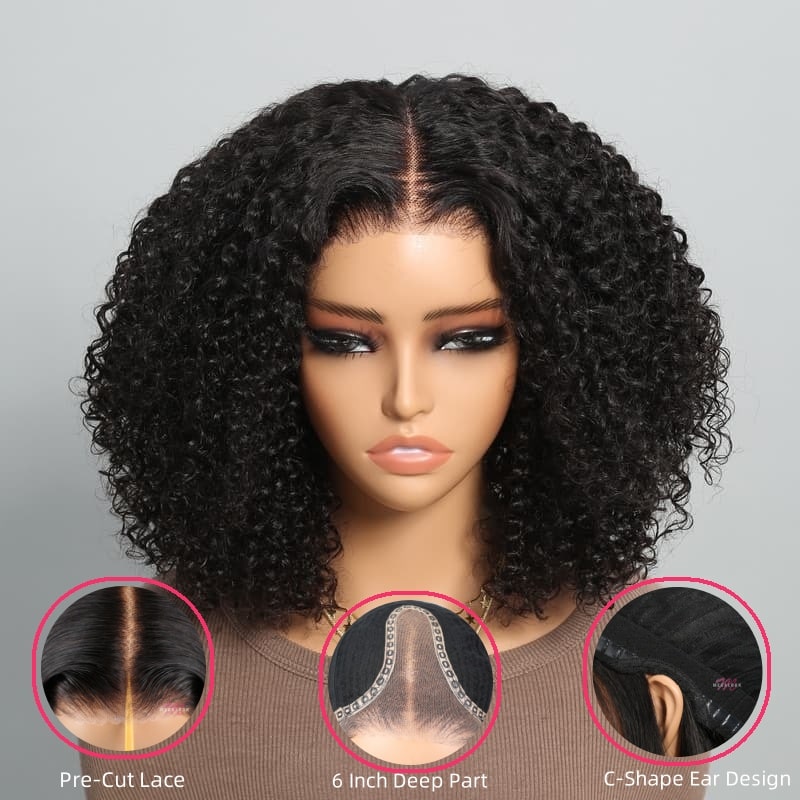 (Super Deal)EaseElle Series Minimalist 6 Inch Deep Part Hairline Glueless Lace Jerry Curly Bob Pre-Bleached Miny Knots Middle Part Closure Wigs