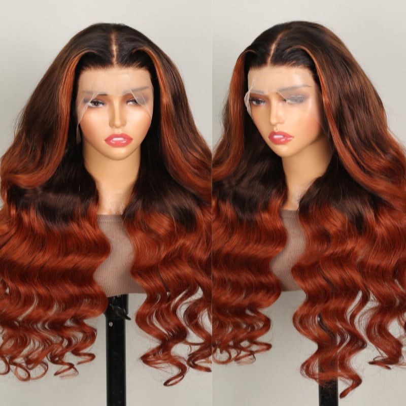 Megalook Highlight Balayage Ombre 1b/4/30 Colored Hair Body Wave 13x4 Lace Front Wigs On Dark Roots Hair 180% Density