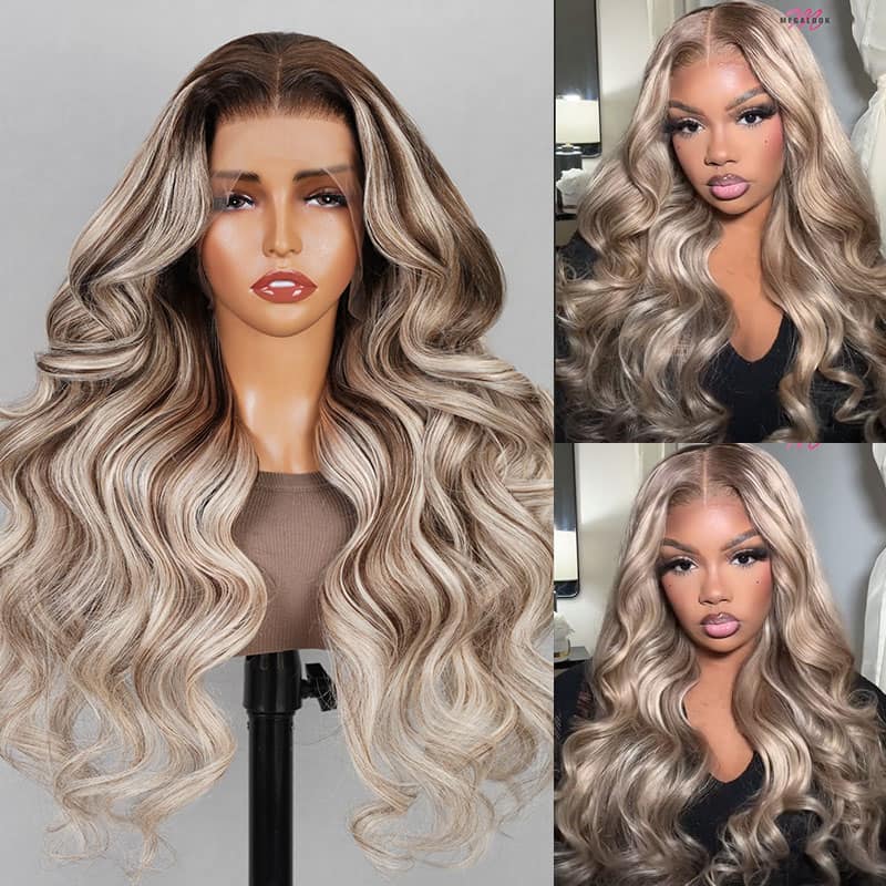 Megalook Hottest Long Highlight #P18/613 Blonde Straight /Body Wave Human Hair Wigs Blonde Hair With Highlights