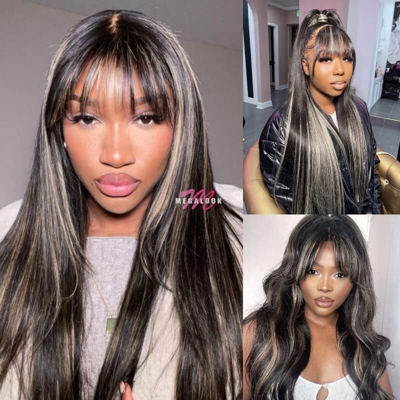 Balayage Highlights on Black Wig With Bangs Body Wave High Quality Human Hair Wigs