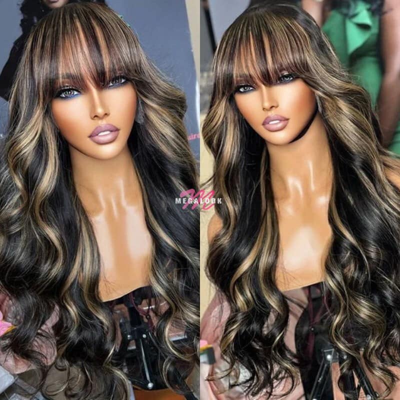 Balayage Highlights on Black Wig With Bangs Body Wave High Quality Human Hair Wigs