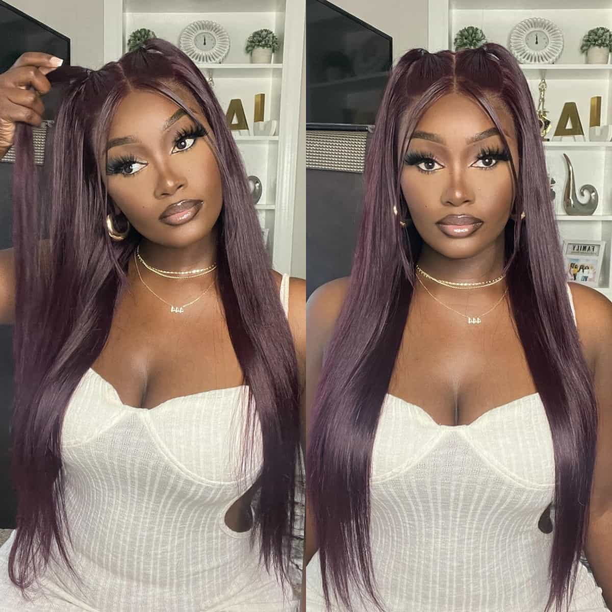 (Super Sale) Dark Purple Plum Colored 13x4 Lace Silky Straight/Body Wave Wig