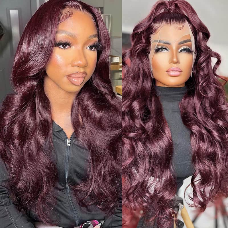 (Super Sale) Dark Purple Plum Colored 13x4 Lace Silky Straight/Body Wave Wig