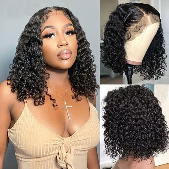 Megalook Short Cut Water Wave Bob Wig Curly Human Hair Wigs Glueless Lace Wear Go Wig