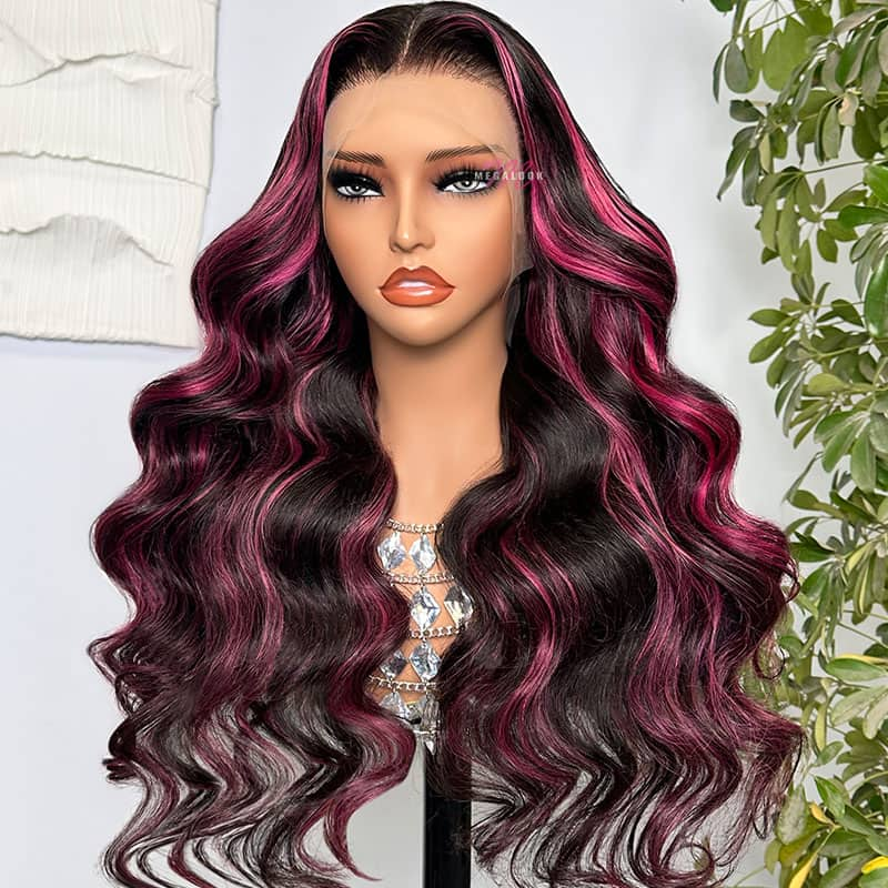 Megalook Transparent 13x4 Lace Front Wig Black Hair With Purple Highlights Straight/Body Wave Human Hair Wigs