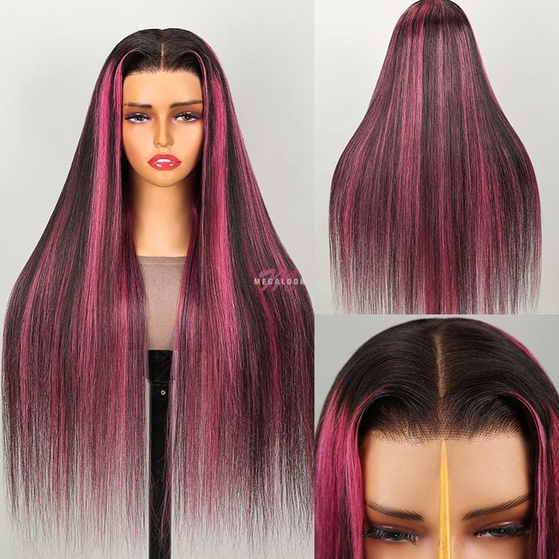 Megalook Transparent 13x4 Lace Front Wig Black Hair With Purple Highlights Straight/Body Wave Human Hair Wigs