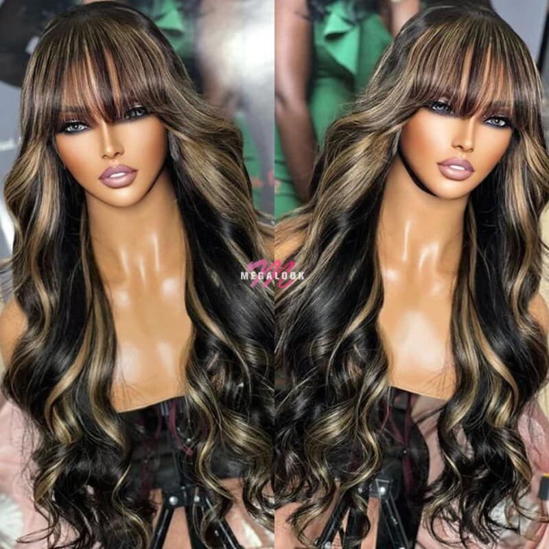 Balayage Highlights on Black Wig With Bangs Body Wave High Quality Human Hair Wigs