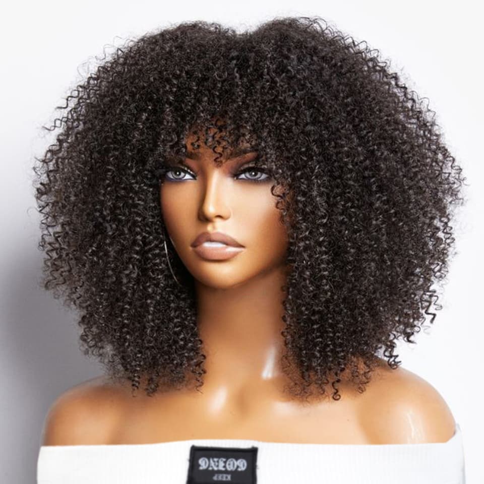 P4/27 Natural Color Curly Wig With Bangs NON-Lace Virgin Human Hair Wigs