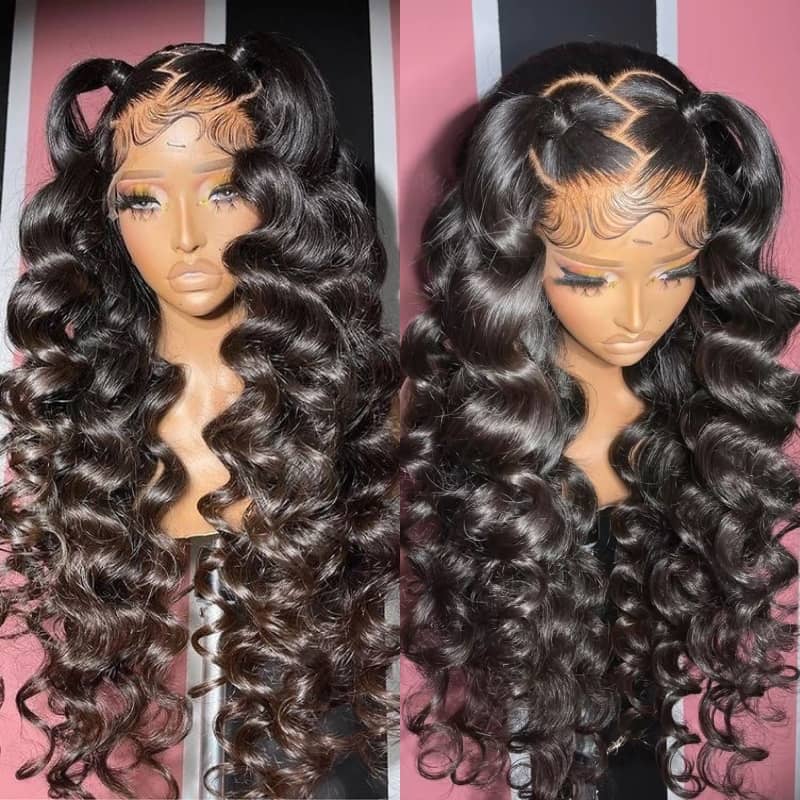 13x4 Lace Frontal Wig Side Part Honey Brown Blonde Highlight Hair / Natural Black Bouncy Curly Loose Body Wave