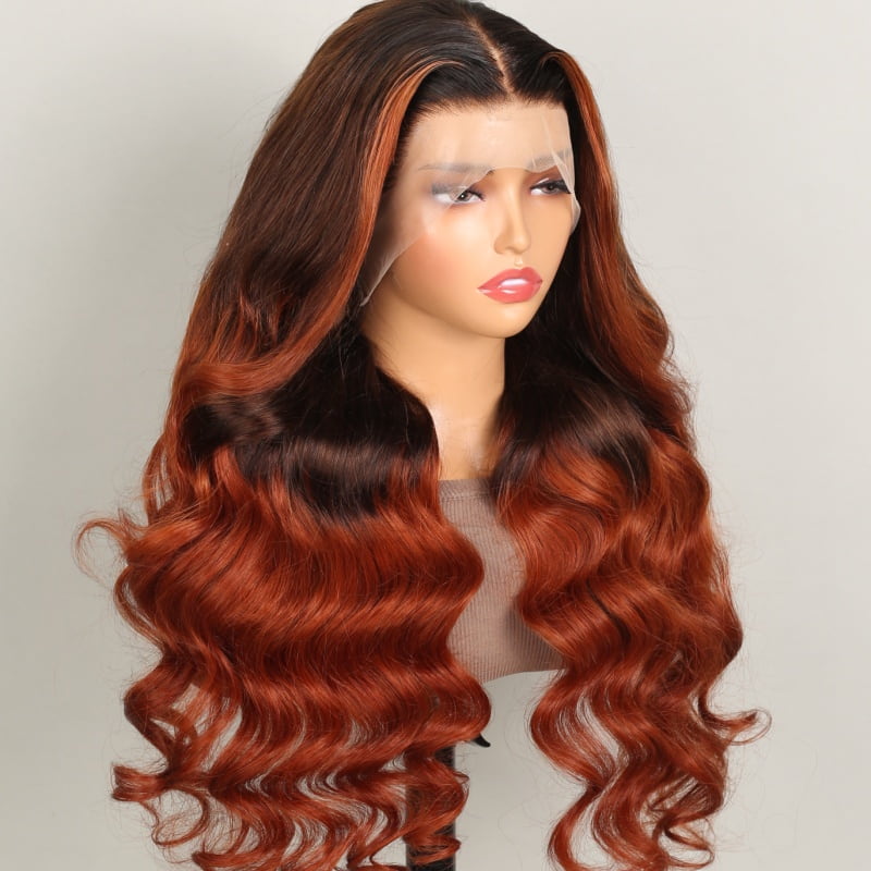 Megalook Highlight Balayage Ombre 1b/4/30 Colored Hair Body Wave 13x4 Lace Front Wigs On Dark Roots Hair 180% Density