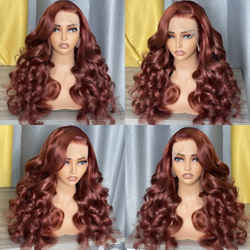 Special offer | 26inch = $137.69 Transparent Lace 4X4 New #33 Red Brown Auburn Color Wig Body Wave Human Hair Wig For Women