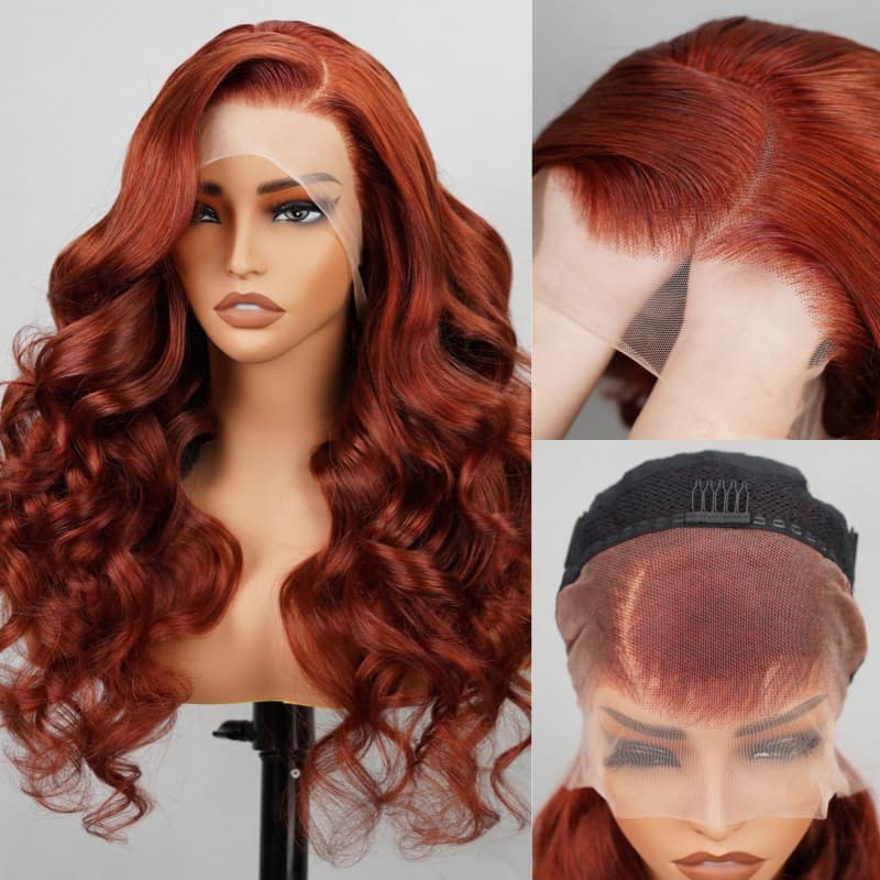 Special offer | 26inch = $137.69 Transparent Lace 4X4 New #33 Red Brown Auburn Color Wig Body Wave Human Hair Wig For Women