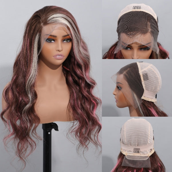 Megalook Bogo Free 22 inch Side Part Brown Hair With Barbie Pink/613 Blonde Mixed Highlights Body Wave 13x4 Lace Front Human Wigs