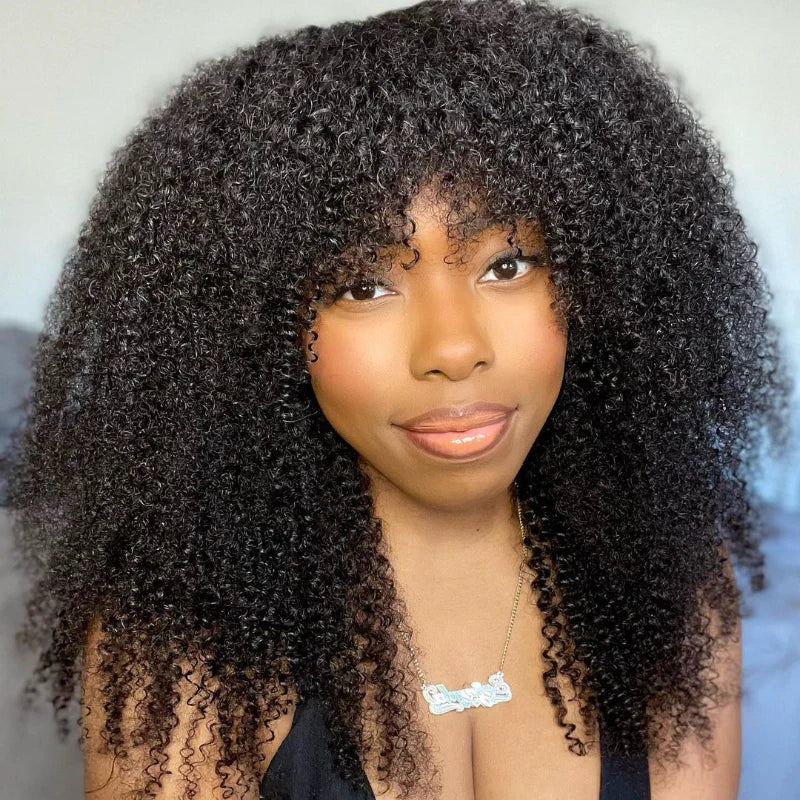 P4/27 Natural Color Curly Wig With Bangs NON-Lace Virgin Human Hair Wigs