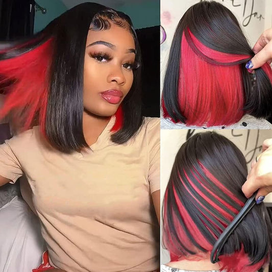 Megalook Peekaboo Highlights Red Colored Transparent 13X4 Lace Frontal Human Hair Bob Wigs