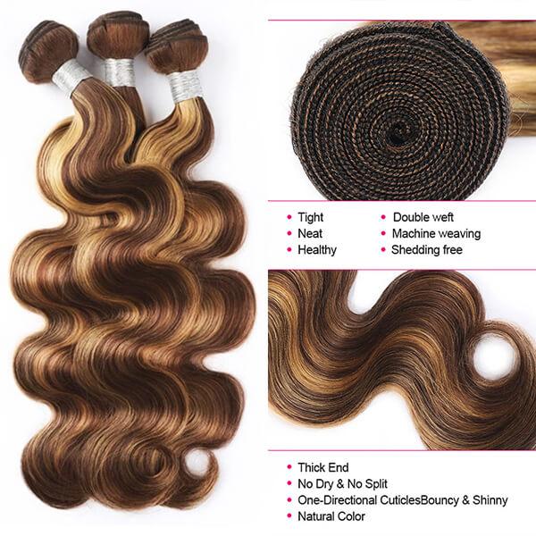 Megalook 10A Highlight P4/27 Bundles With Closure Straight 3 Bundles With Closure Brazilian Hair Weave Bundles With 4x4 Lace Closure