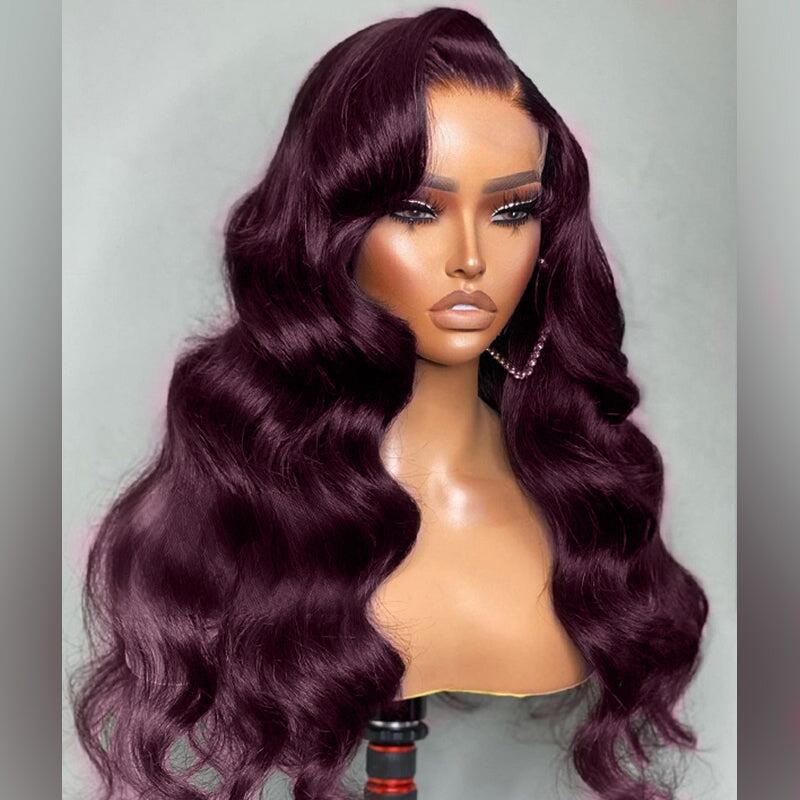 (Super Sale) Dark Purple Plum Colored 13x4 Lace Silky Straight/Body Wave Wig