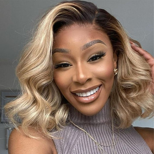 (Super Deal)Ombre Ash Blonde Highlight Wig Classic Short Wavy Wig Medium Blonde #2 Dark Brown Virgin Human Hair HD 6x5 Glueless Lace Wig