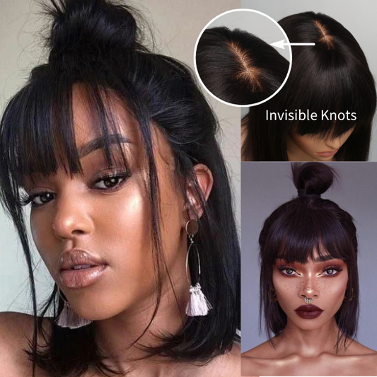 (Super Deal)Easy Wear &Go 3x2 Closure Wigs Straight Bob With Bangs Undetectable Transparent Lace Wig