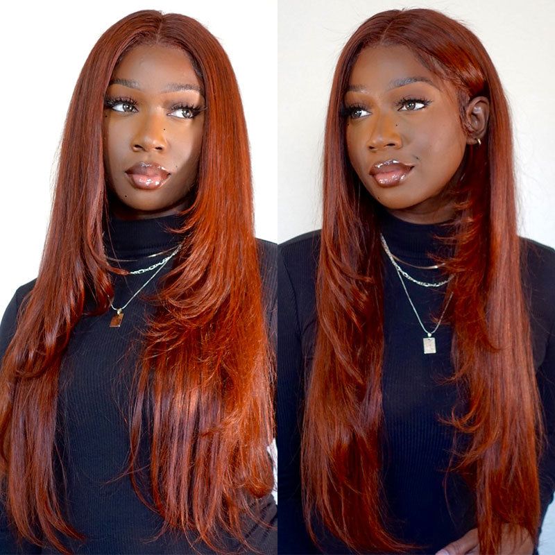 New #33 Red Brown Auburn Color Straight Human Hair Wig HD Lace 4X4/13X4 Lace Frontal Wigs